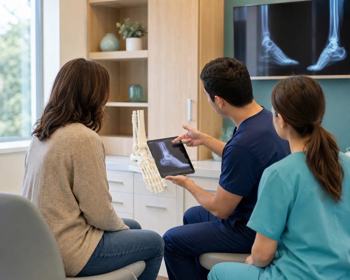 Podiatry specialist examining the foot of a woman in a clinic with a foot model and X-ray visible