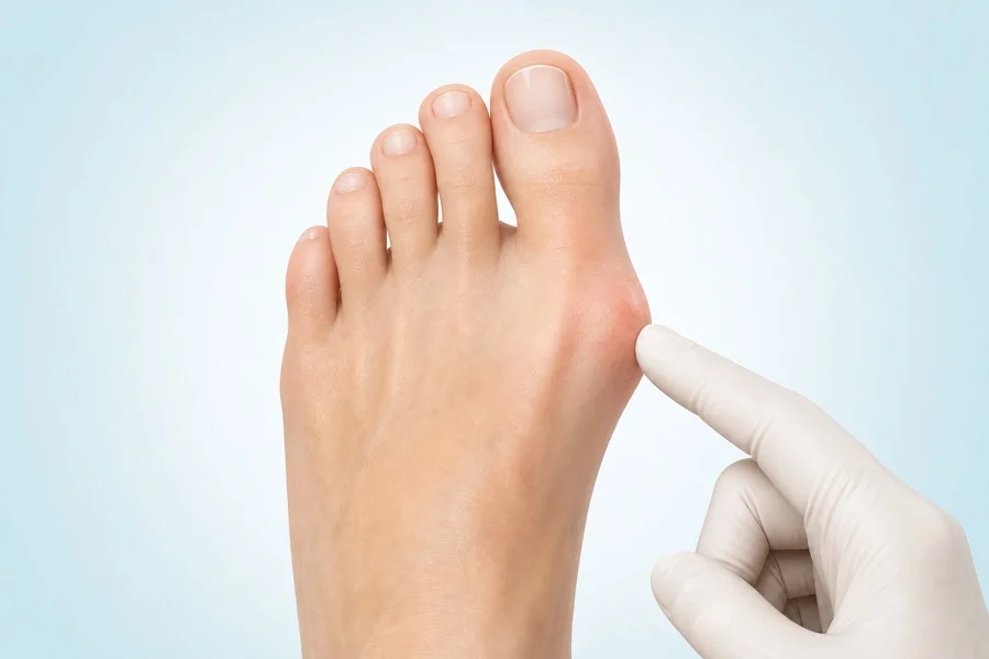 Illustration of a podiatrist examining a bunion at the base of the big toe