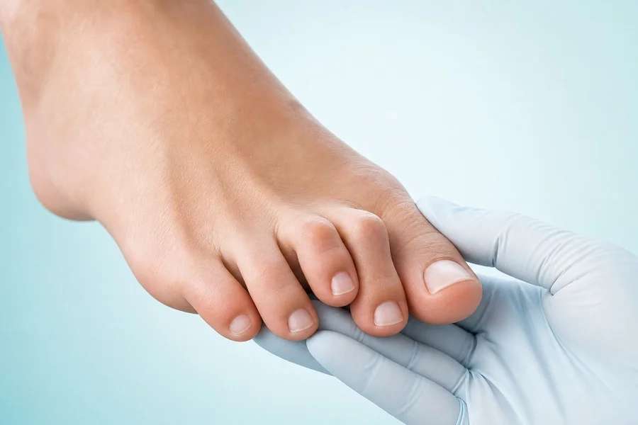 Illustration of a podiatrist examining curled toes associated with hammertoe