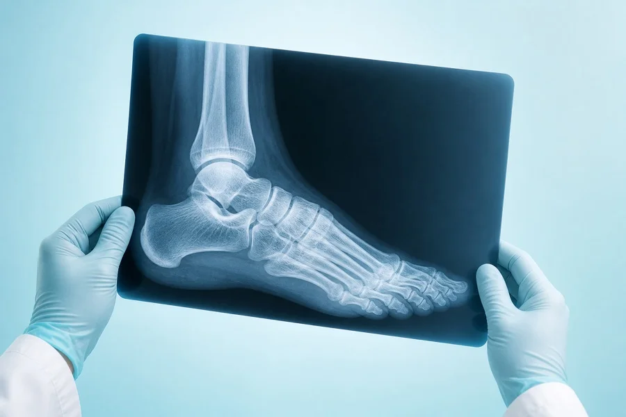 Illustration of a podiatrist reviewing a foot and ankle X-ray for surgical planning