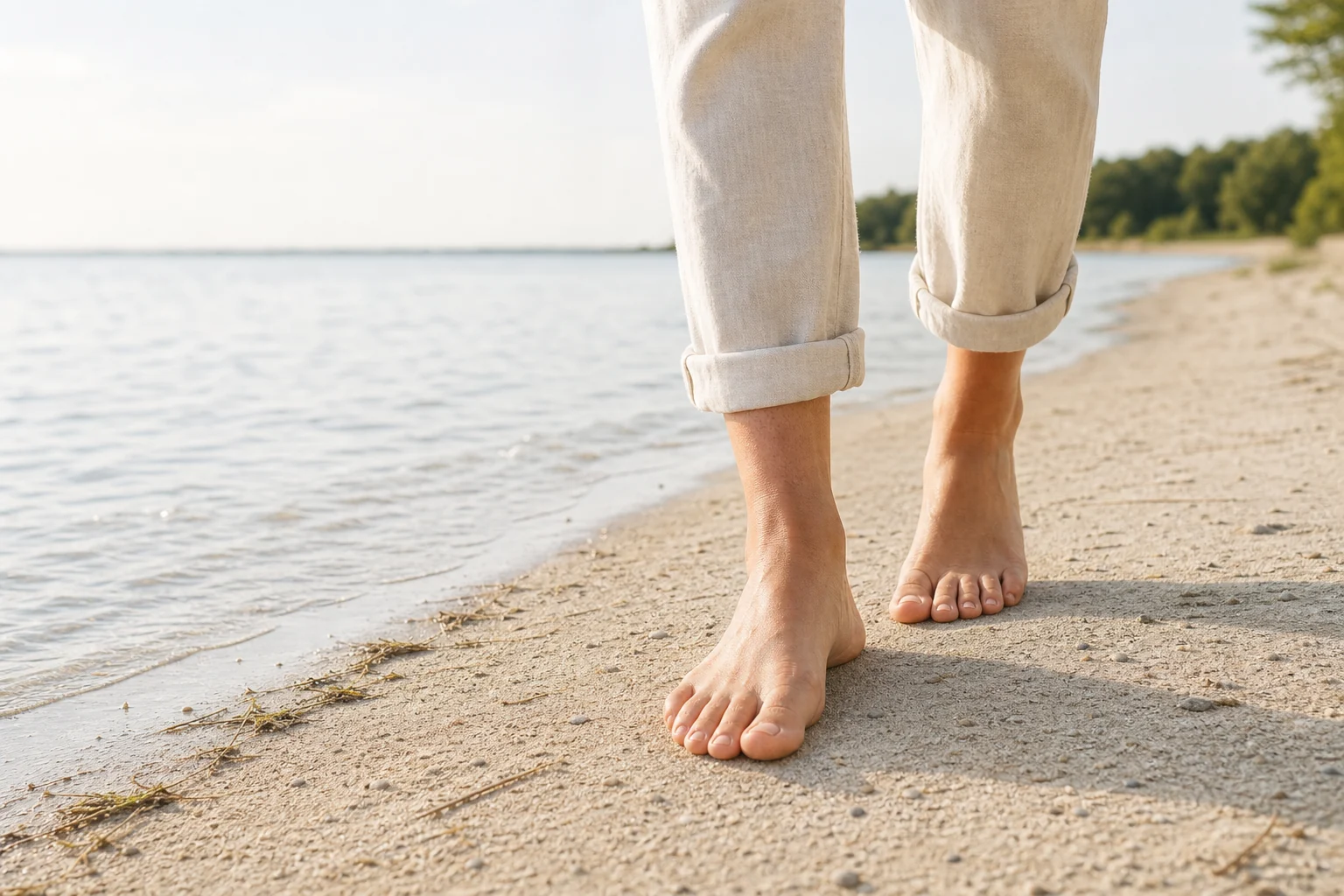 Adult walking barefoot comfortably along a bright lakeshore