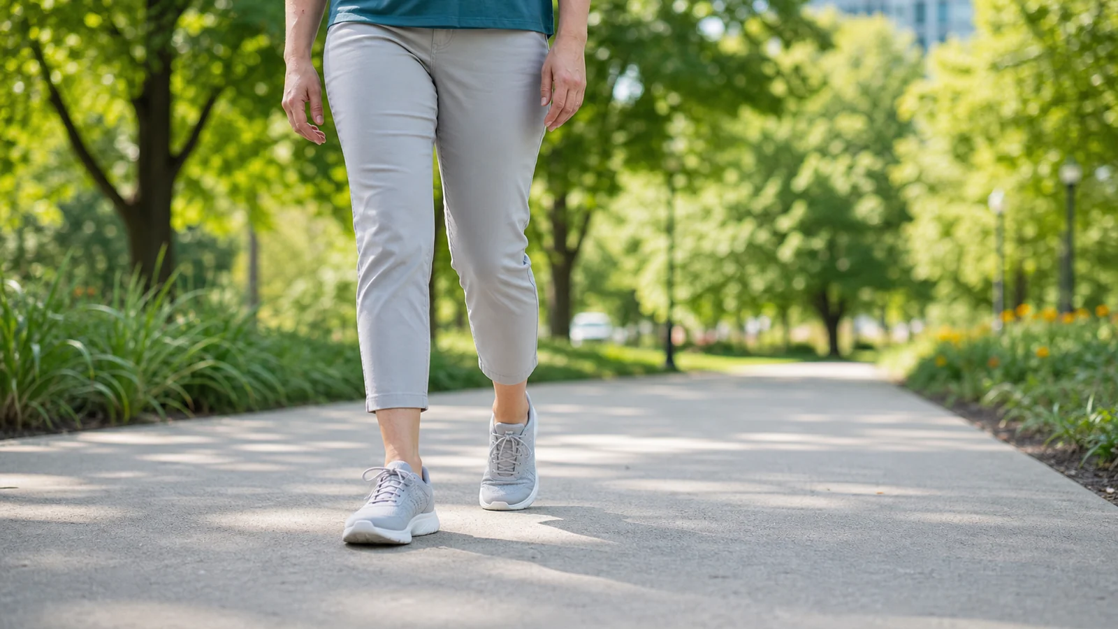 Woman walking comfortably outdoors in supportive shoes