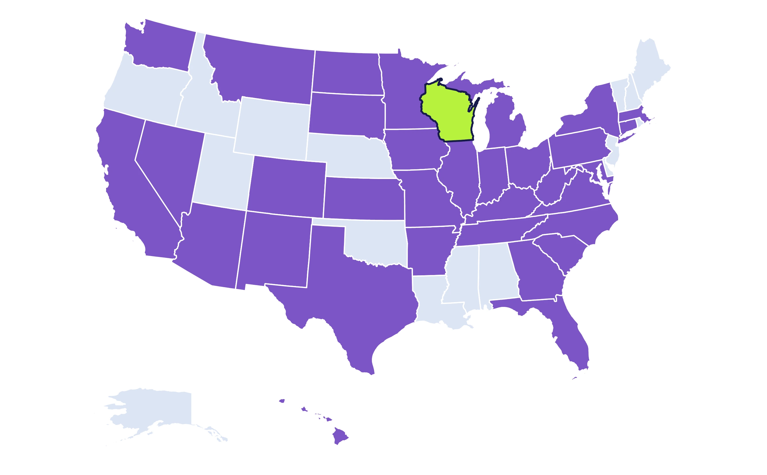 United States map with Wisconsin marked as the home state and patient origins highlighted, including California, Colorado, Arizona, North Dakota and South Dakota