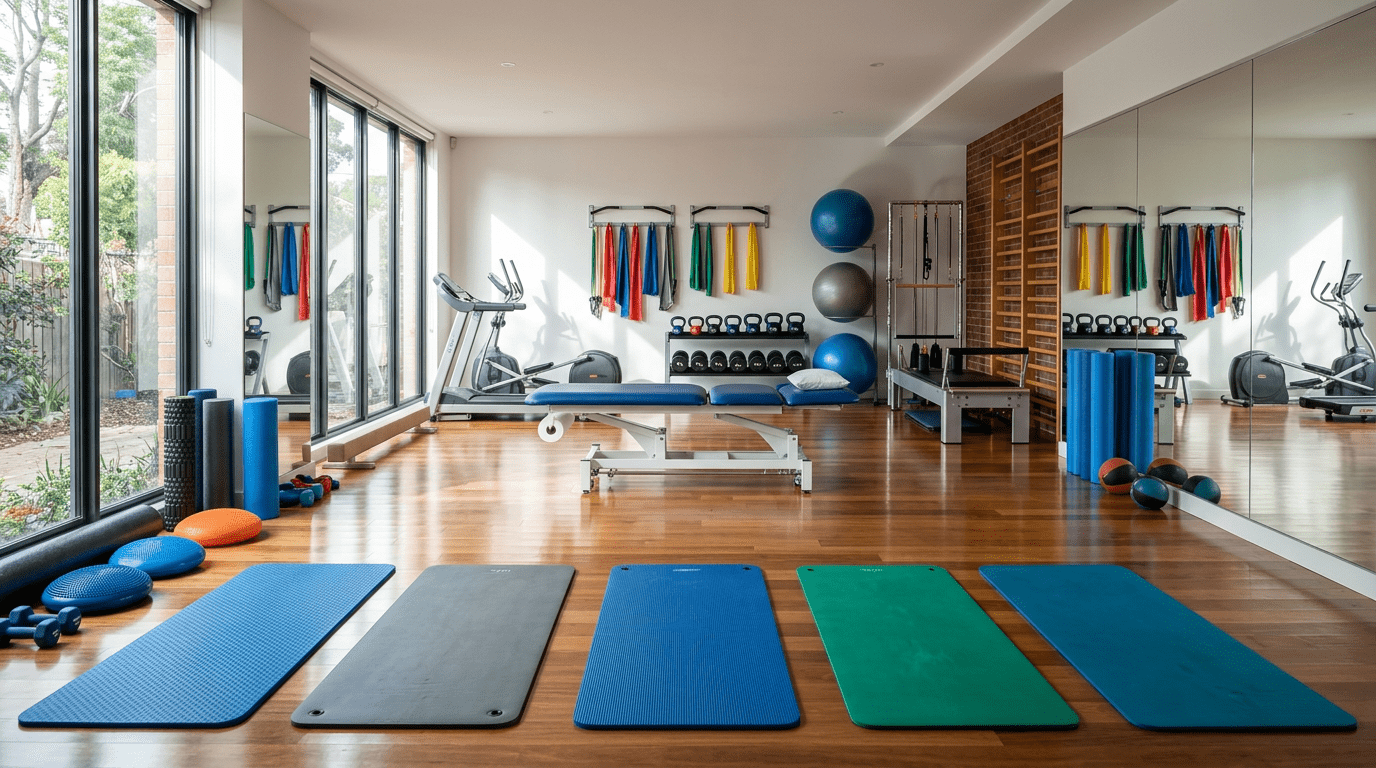Physical therapy space prepared for post-surgery rehab Empty physical therapy gym with exercise equipment arranged for bunion surgery recovery rehabilitation sessions