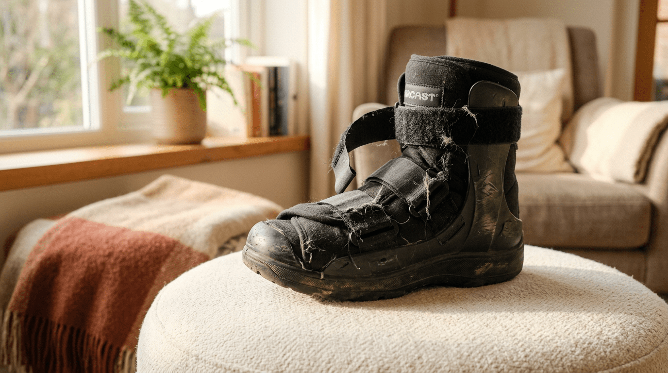 Real Recovery: Well-Used Post-Bunion Surgery Boot Worn surgical boot with frayed straps showing extended use during bunion surgery recovery time on home couch