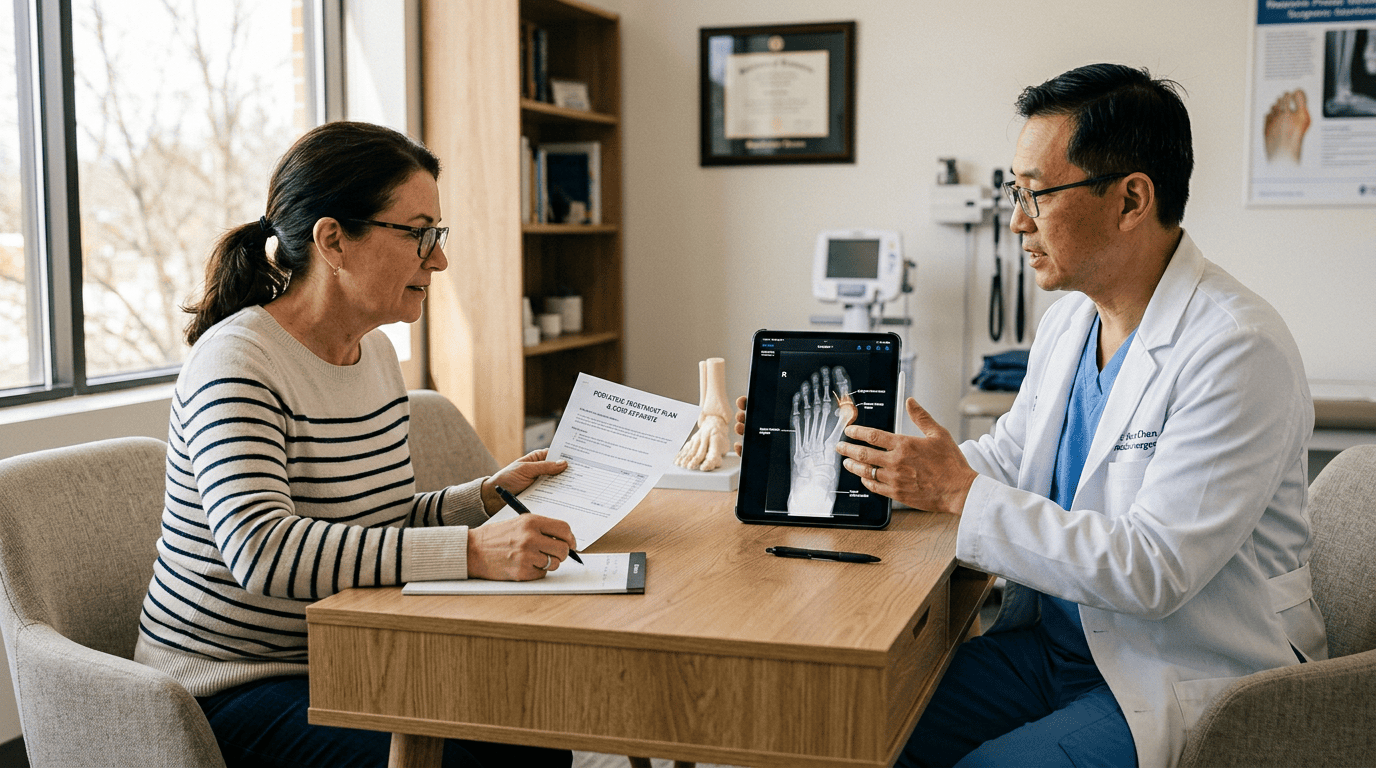 Planning the Cost of Bunion Surgery A podiatric surgeon reviewing a foot X-ray on a tablet while a patient looks at a printed cost estimate