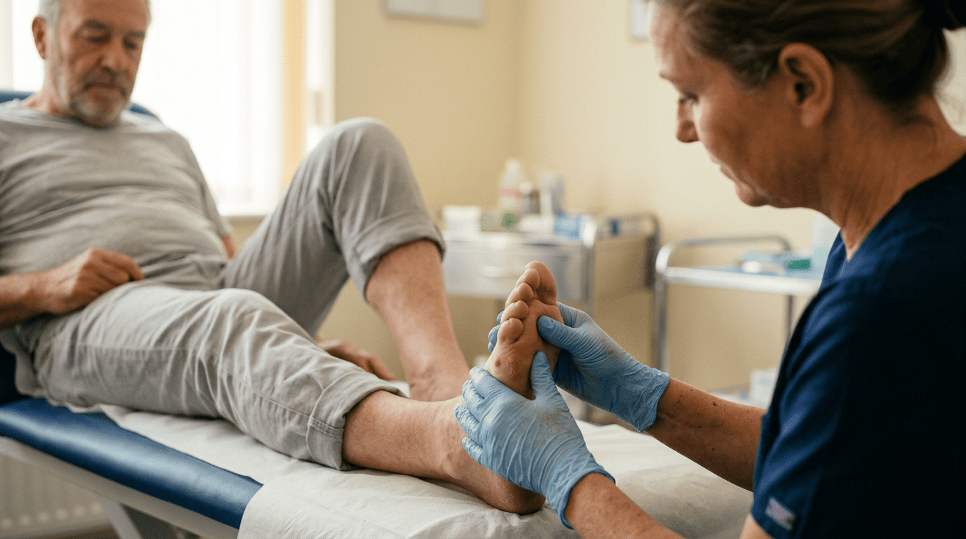Podiatrist examining a bunion on a patient's foot A podiatrist examining a patient's bare foot and the bony bump at the base of the big toe