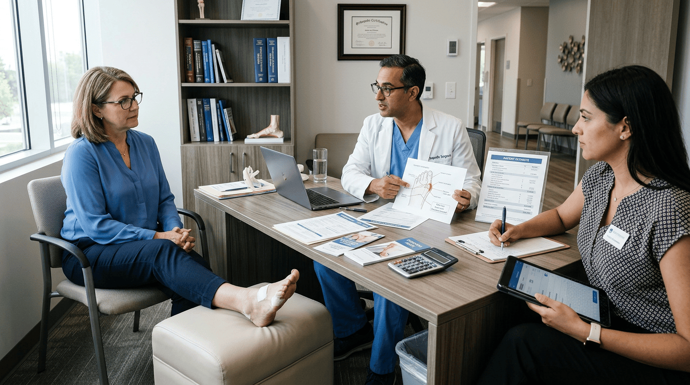 Surgeon reviewing a foot X-ray with a patient to discuss bunion surgery cost and treatment options