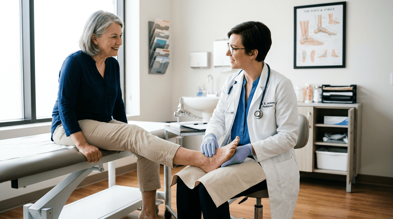 A podiatrist examining a seated patient's bare foot in a bright medical exam room